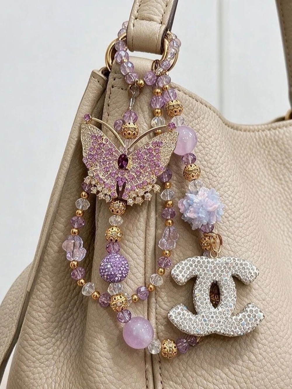 Lavender Beaded Bag Charm with Rhinestone Butterfly & Gold Tone Clips